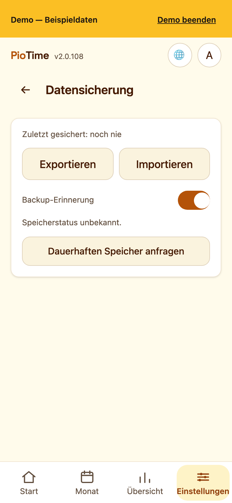 Datensicherung in den Einstellungen