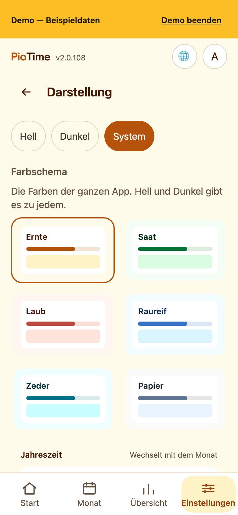 Die Farbschema-Auswahl, hell
