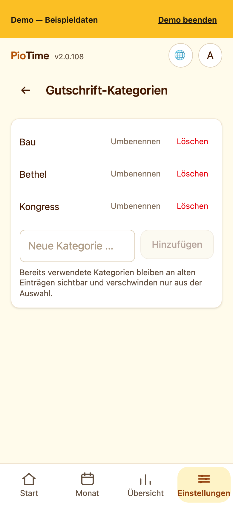 Die Liste der Gutschrift-Kategorien in den Einstellungen