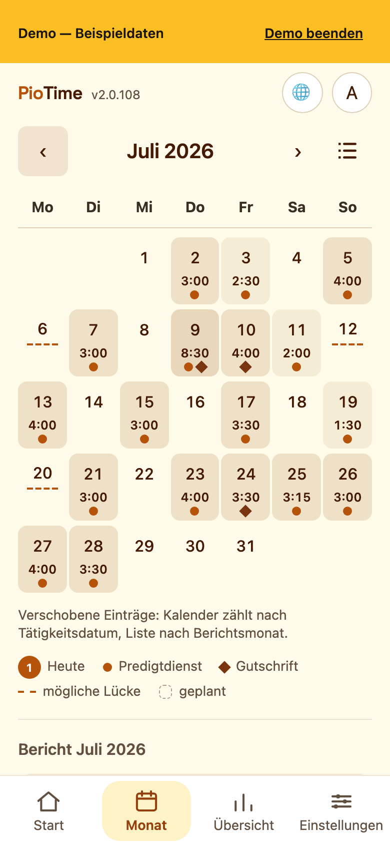Der Monatskalender mit erfassten Tagen