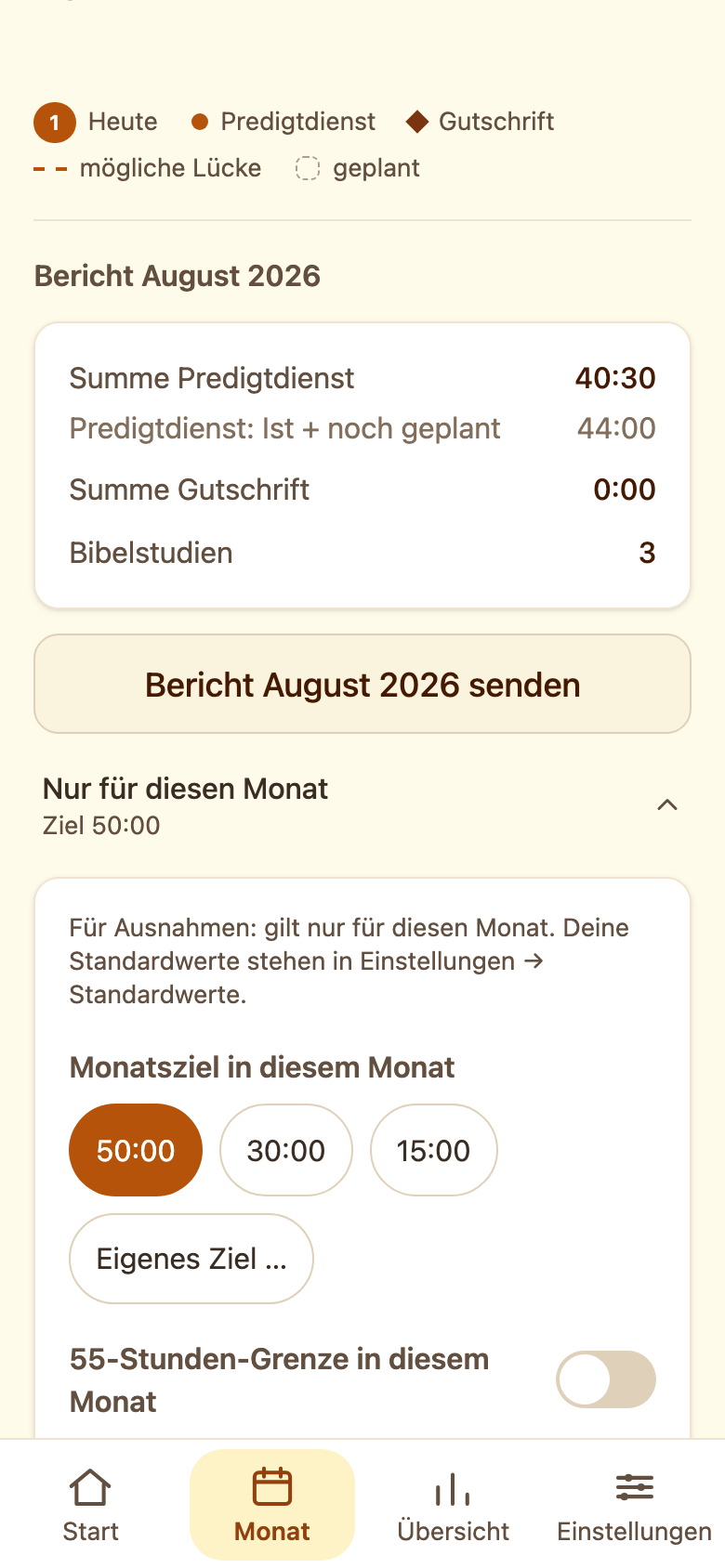 Das Monatsziel im Monat-Tab