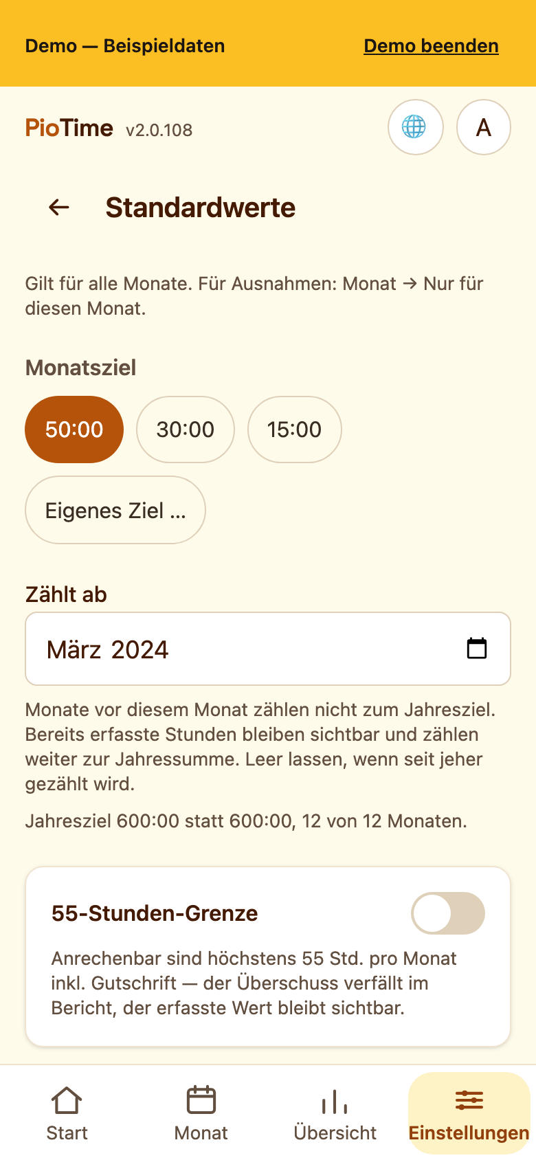 Standardwerte mit „Zählt ab"