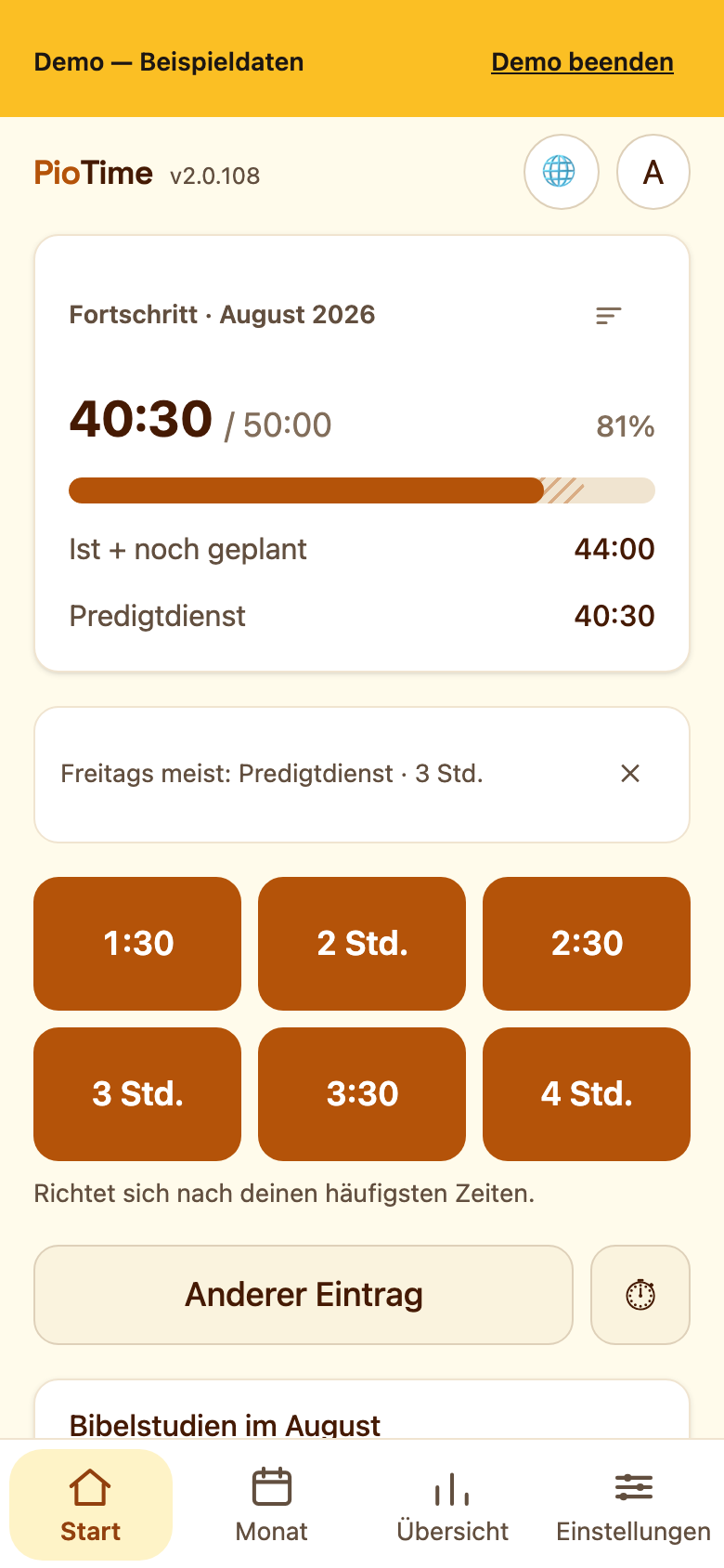 Die Startseite mit Fortschritt und Schnell-Buttons