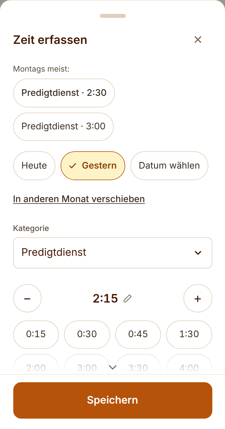 „Zeit erfassen“ nach dem Stoppen: „Gestern“ ist gewählt, die Dauer ist 2:15